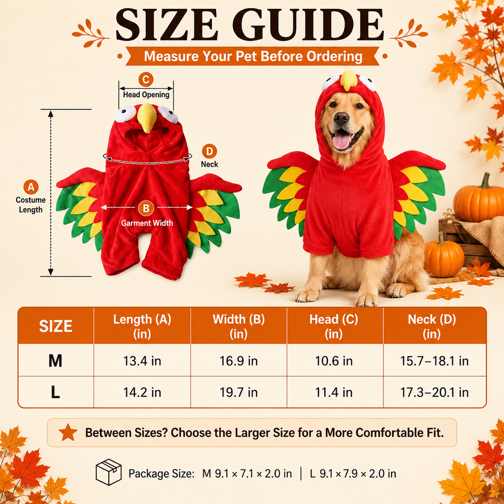 Red turkey costume for dogs and cats size guide with outfit dimensions and pet measuring points.