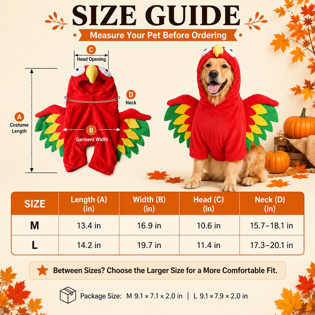 Red turkey costume for dogs and cats size guide with outfit dimensions and pet measuring points.