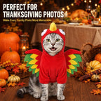 Red turkey costume for dogs and cats worn by a tabby cat in a Thanksgiving setting.