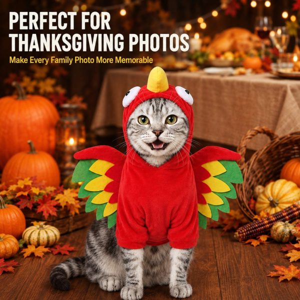 Red turkey costume for dogs and cats worn by a tabby cat in a Thanksgiving setting.