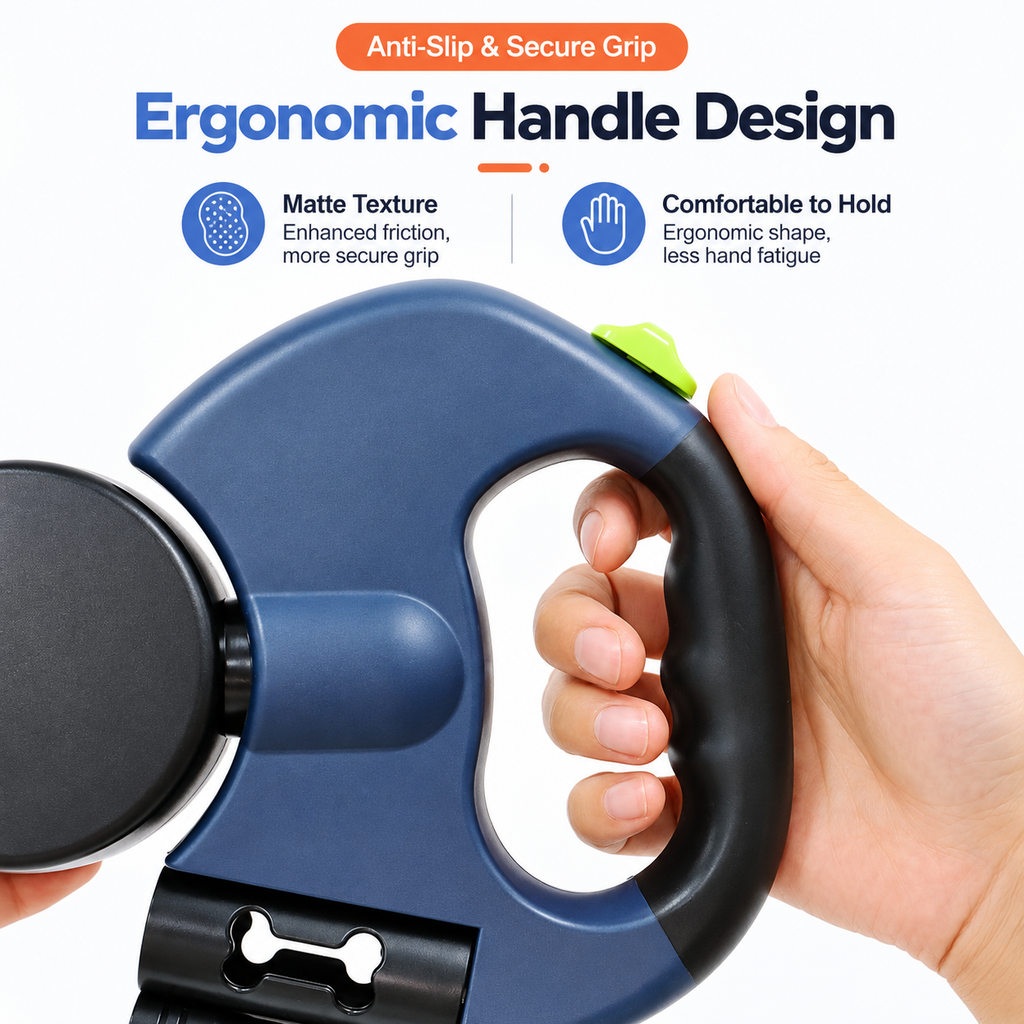 Retractable dog leash with flashlight closeup of a hand holding the curved navy handle.
