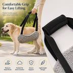 Reversible dog lift support sling in use with a closeup of the padded hand grip.