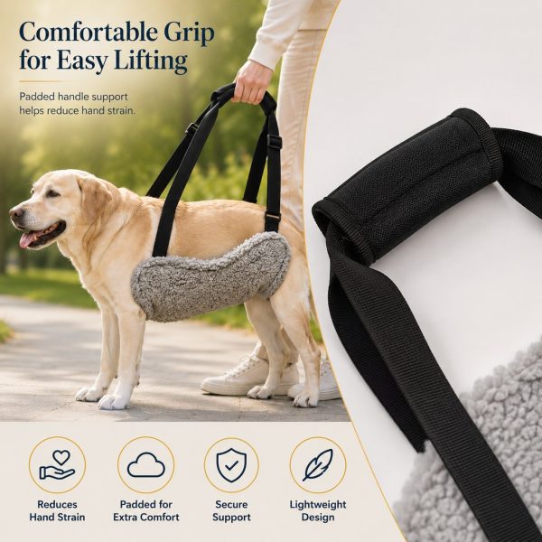 Reversible dog lift support sling in use with a closeup of the padded hand grip.