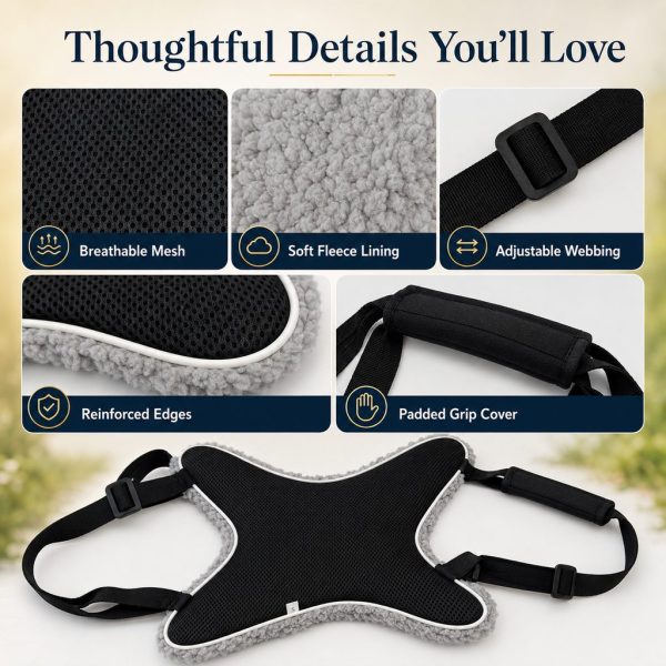 Reversible dog lift support sling detail collage of mesh, fleece, reinforced edges and webbing.