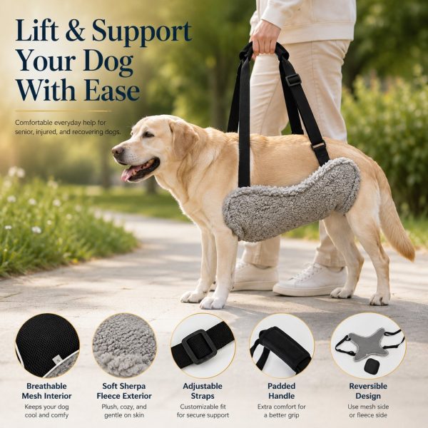 Reversible dog lift support sling feature overview with fleece, mesh, straps and padded handle.
