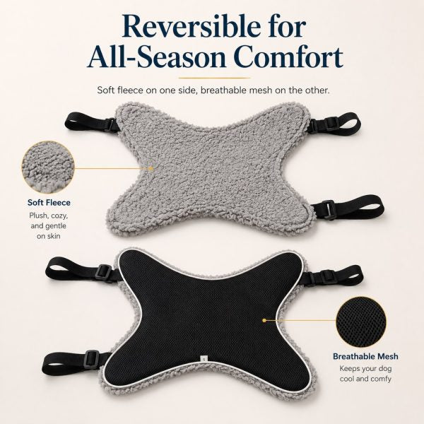 Reversible dog lift support sling showing the gray fleece side and black mesh side.