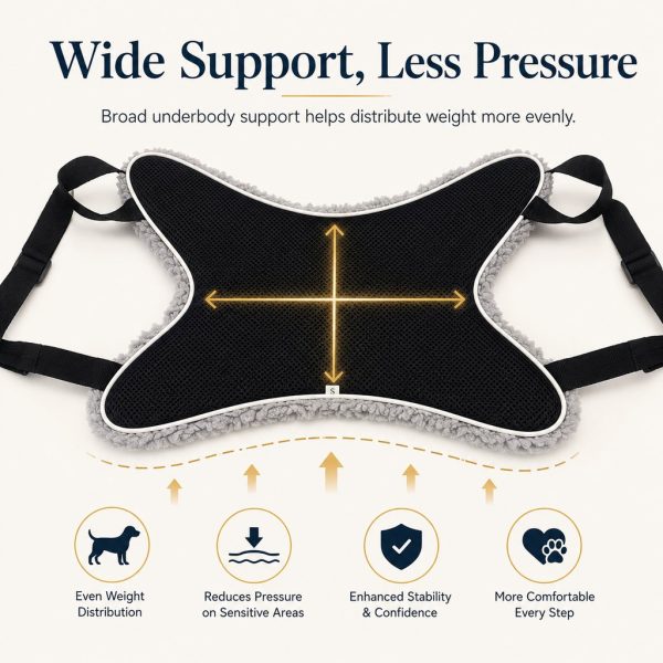 Reversible dog lift support sling laid flat with arrows marking the broad underbody panel.