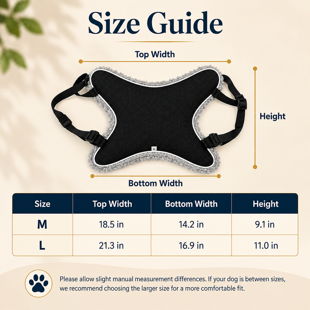 Reversible dog lift support sling size guide showing panel measurements for medium and large.