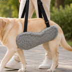 Reversible dog lift support sling supporting a dog's abdomen during an assisted walk.