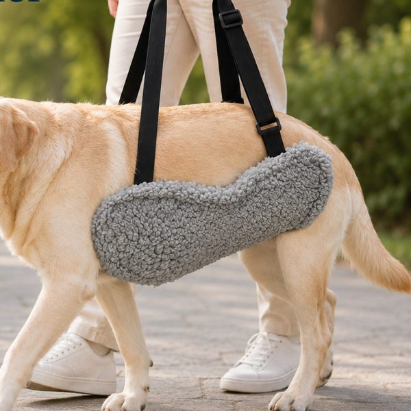 Reversible dog lift support sling supporting a dog's abdomen during an assisted walk.