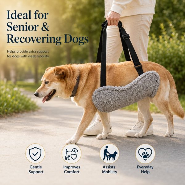 Reversible dog lift support sling shown supporting a standing dog outdoors.