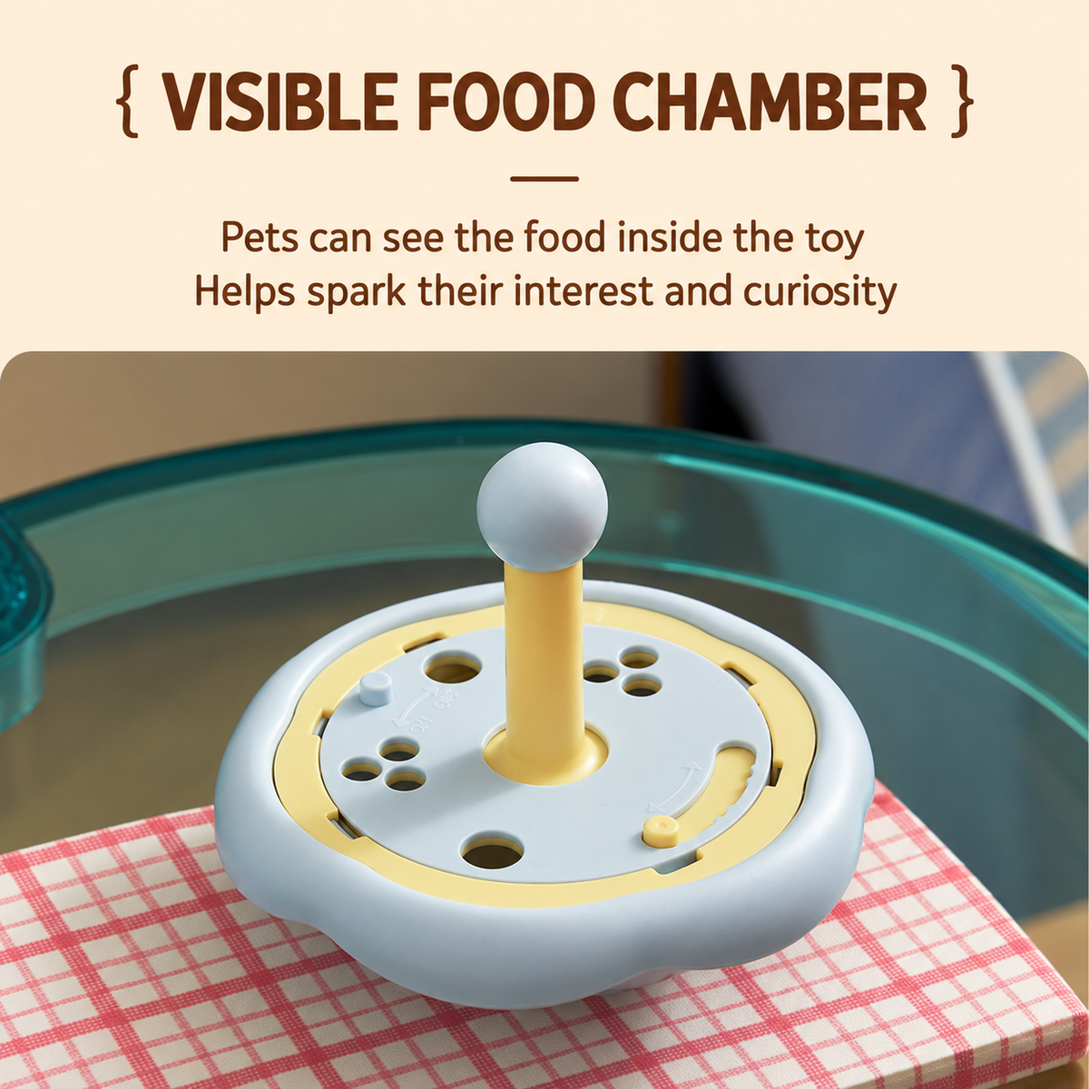 Close view of the food chamber on the rotating pet puzzle feeder