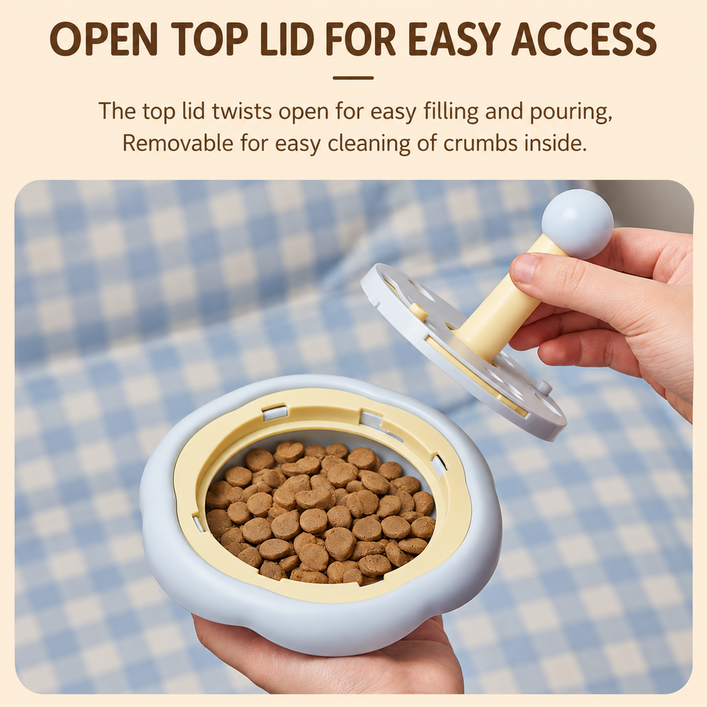 Close view of the open lid on the rotating pet puzzle feeder