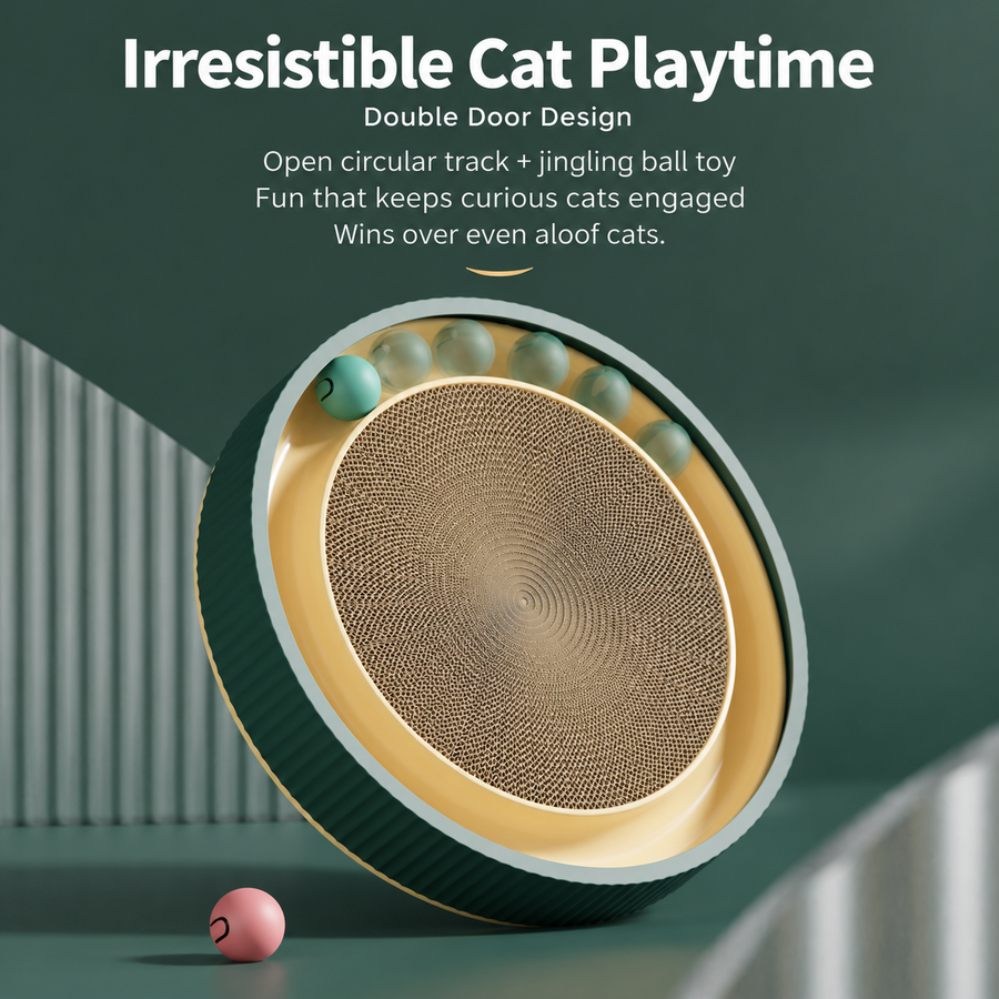 Built-in ball track highlighted on the round cat scratcher bed