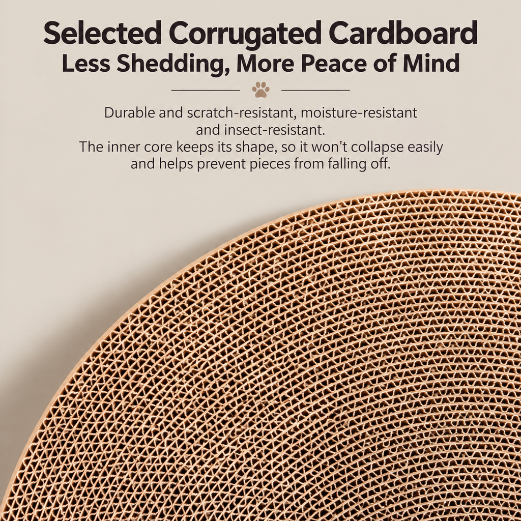 Close view of the cardboard on the round cat scratcher bed