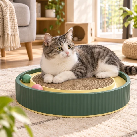 Round cat scratcher bed with a cat curled up for a nap