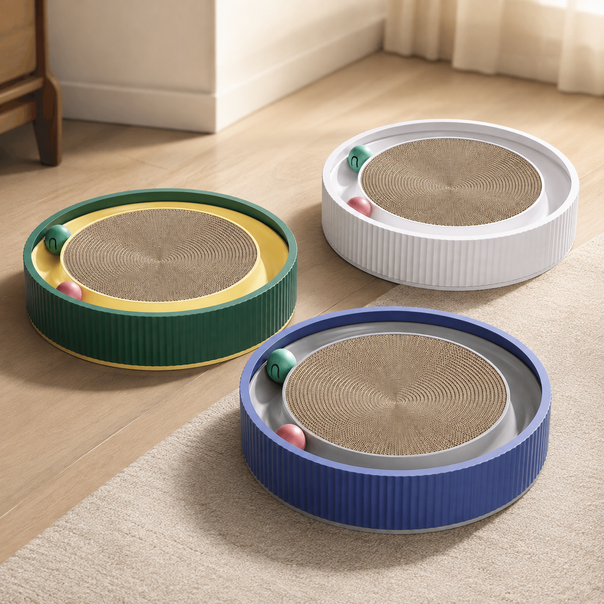 Round cat scratcher bed shown in available colors