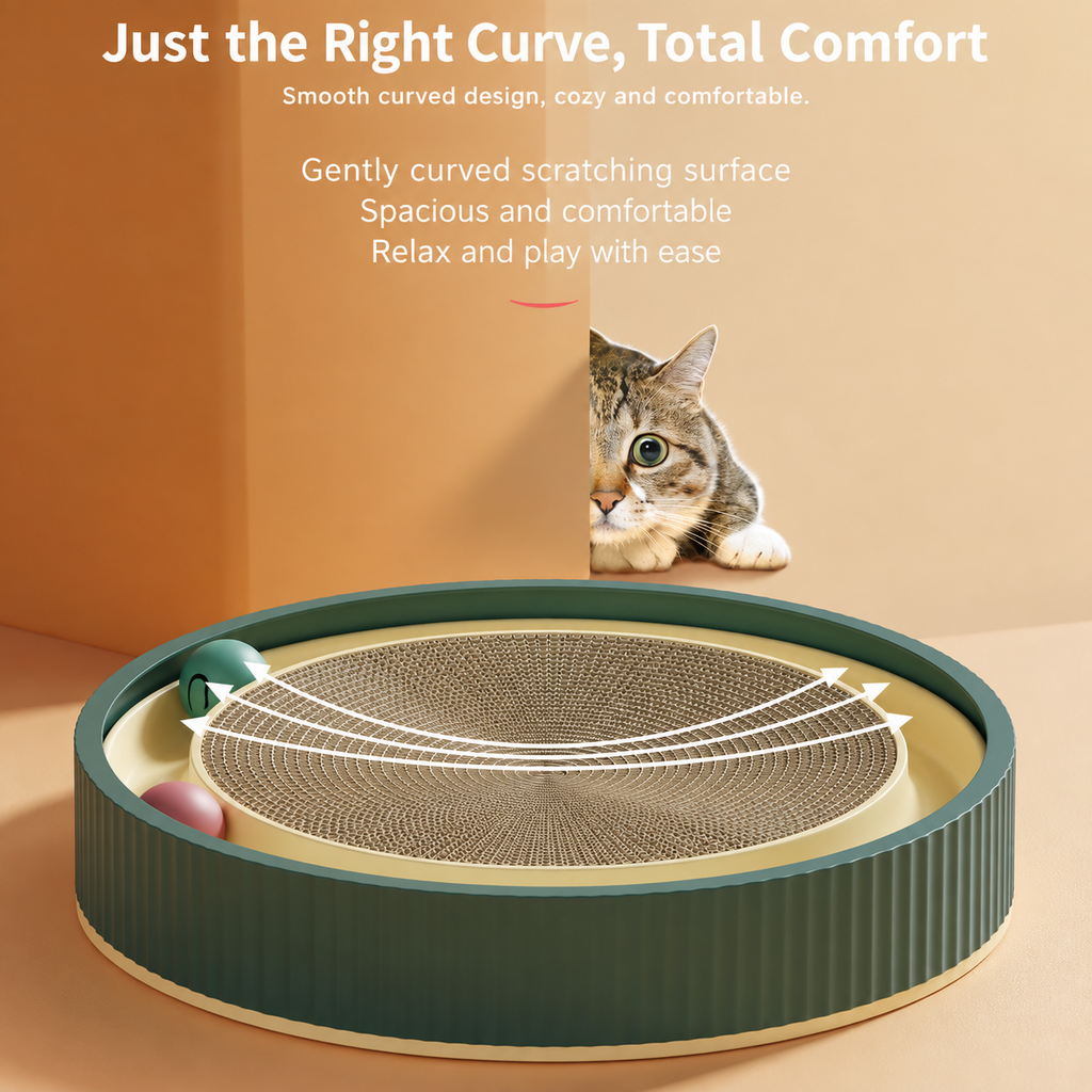 Curved surface of the round cat scratcher bed shown for lounging
