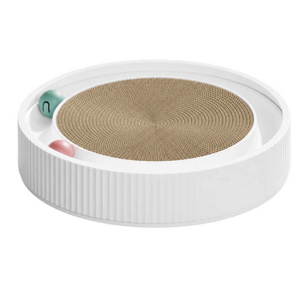 White round cat scratcher bed on a clean background