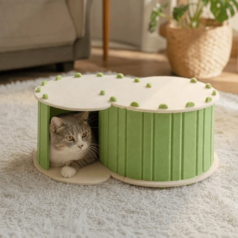Semi-enclosed cat tunnel bed with a cat resting inside the hideaway
