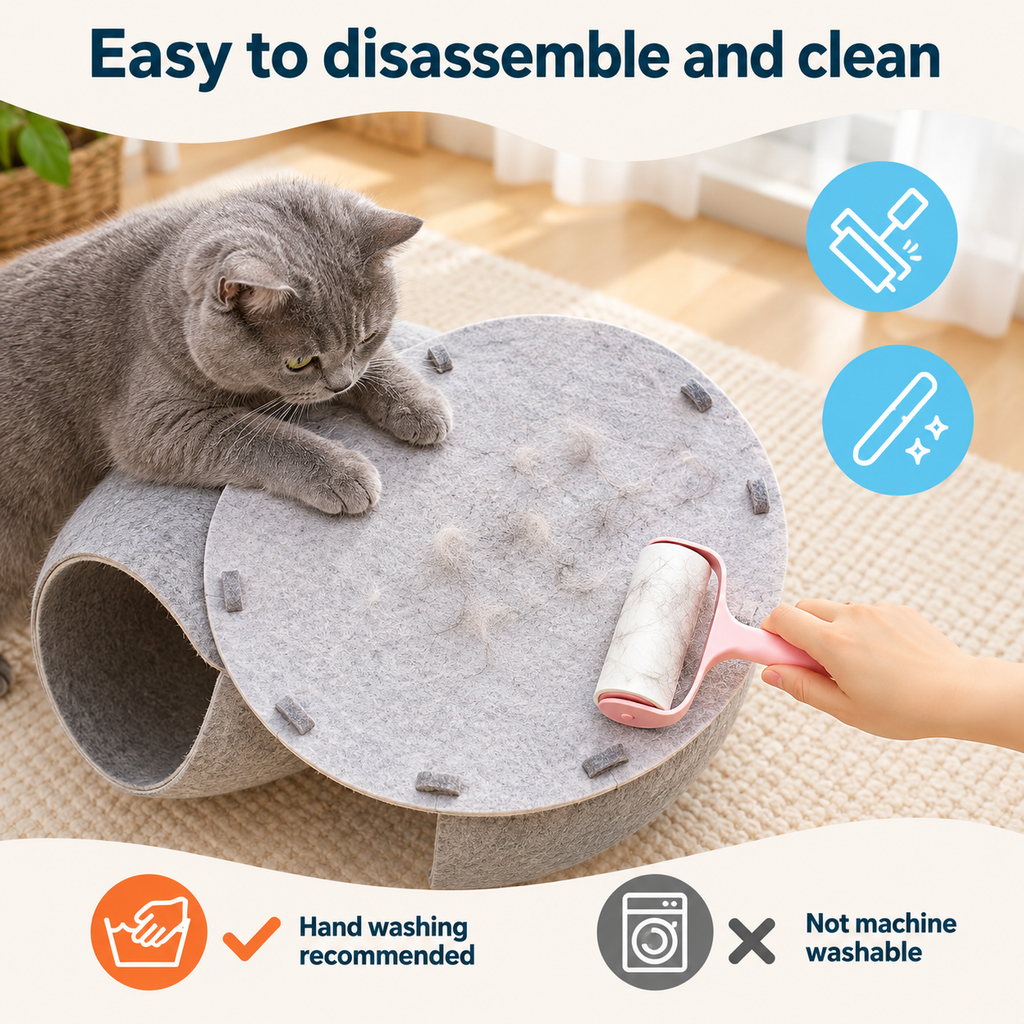 Guide showing cleaning for the semi-enclosed cat tunnel bed