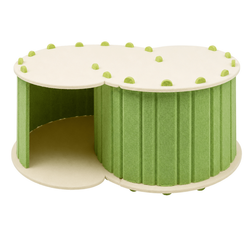 Green semi-enclosed cat tunnel bed on a clean background