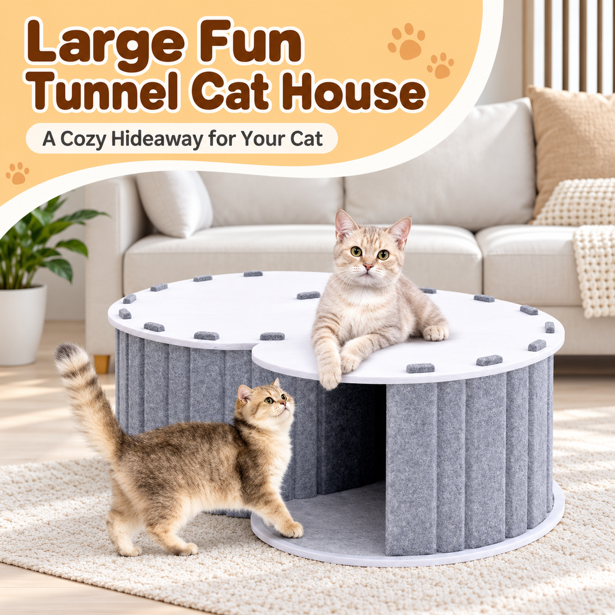 Semi-enclosed cat tunnel bed with cats resting on and inside the tunnel