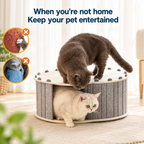 Semi-enclosed cat tunnel bed with multiple cats exploring indoors