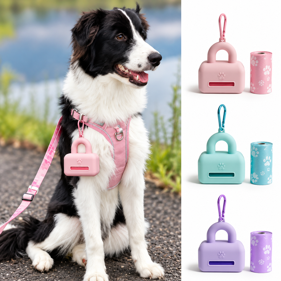 Silicone dog waste bag dispenser carried during a dog walk