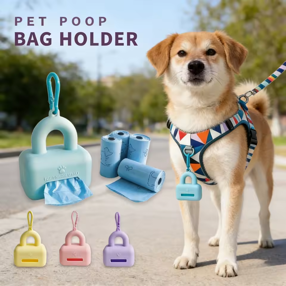 Silicone dog waste bag dispenser shown with a dog outdoors