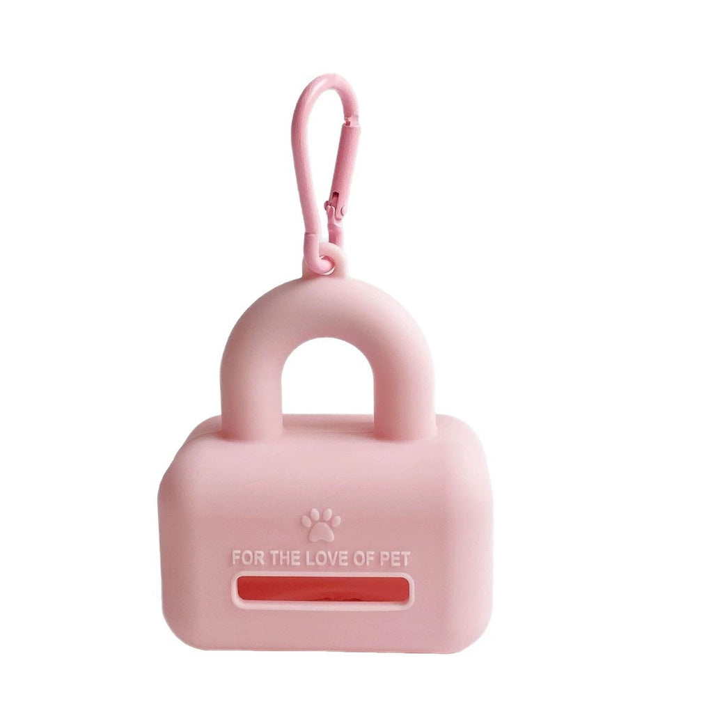 Pink silicone dog waste bag dispenser on a clean background
