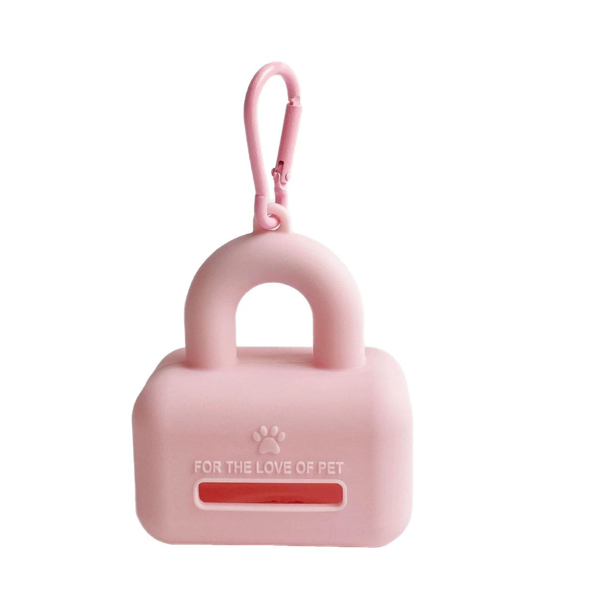 Pink silicone dog waste bag dispenser on a clean background