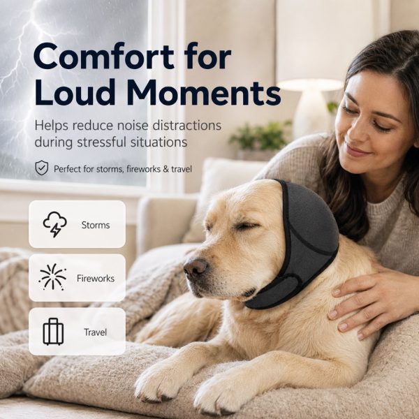 Soft dog ear cover in dark gray worn by a dog resting beside its owner.