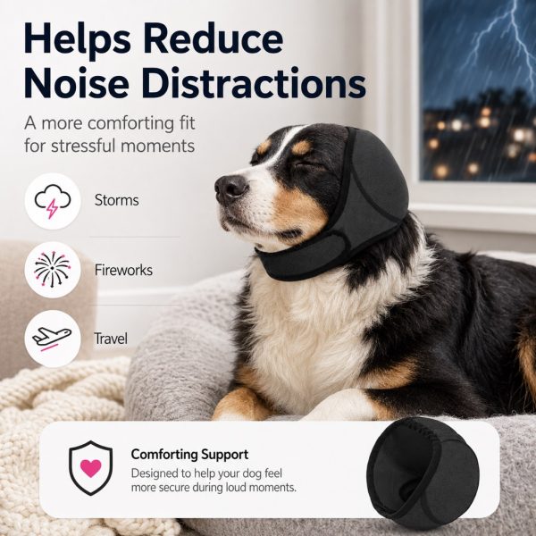 Soft dog ear cover in dark gray worn by a dog resting near a stormy window.
