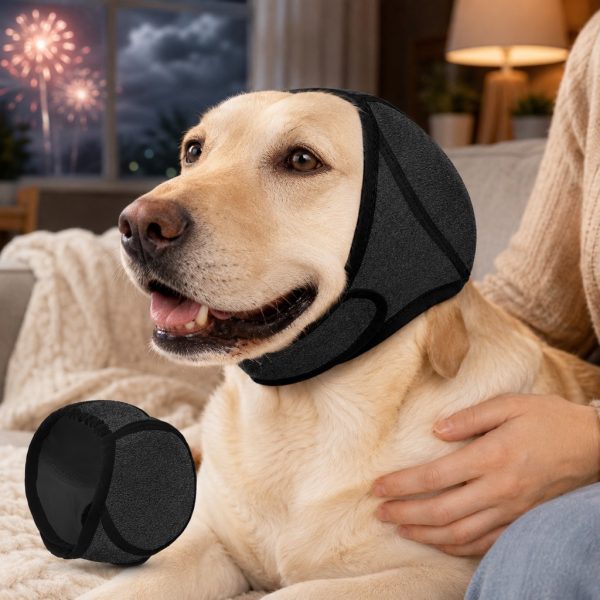 Soft dog ear cover in dark gray worn indoors with fireworks and storm imagery behind.