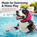 Soft dog ear cover in pink worn by a dog splashing in a swimming pool.
