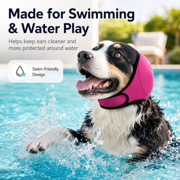 Soft dog ear cover in pink worn by a dog splashing in a swimming pool.