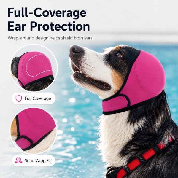 Soft dog ear cover in pink showing ear coverage on a dog beside a pool.