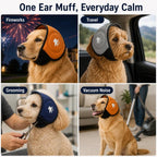 Soft dog ear muffs shown during fireworks, travel, grooming and vacuuming.