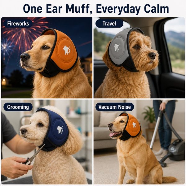 Soft dog ear muffs shown during fireworks, travel, grooming and vacuuming.