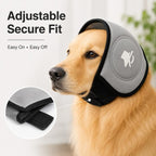 Soft dog ear muffs in gray with a closeup of the adjustable chin closure.