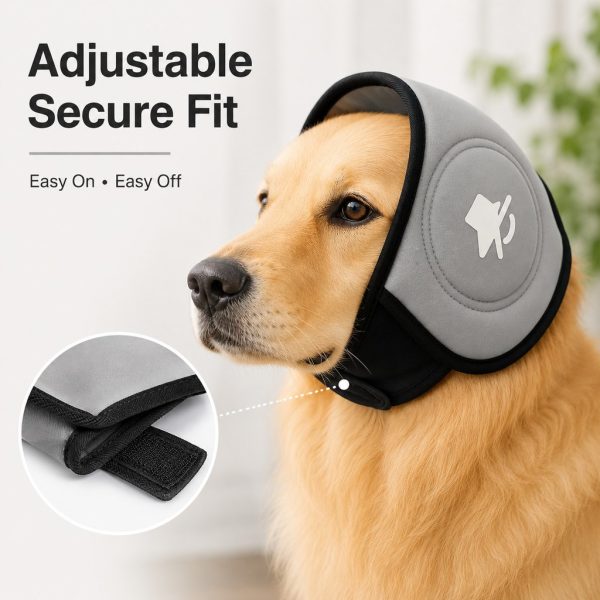 Soft dog ear muffs in gray with a closeup of the adjustable chin closure.