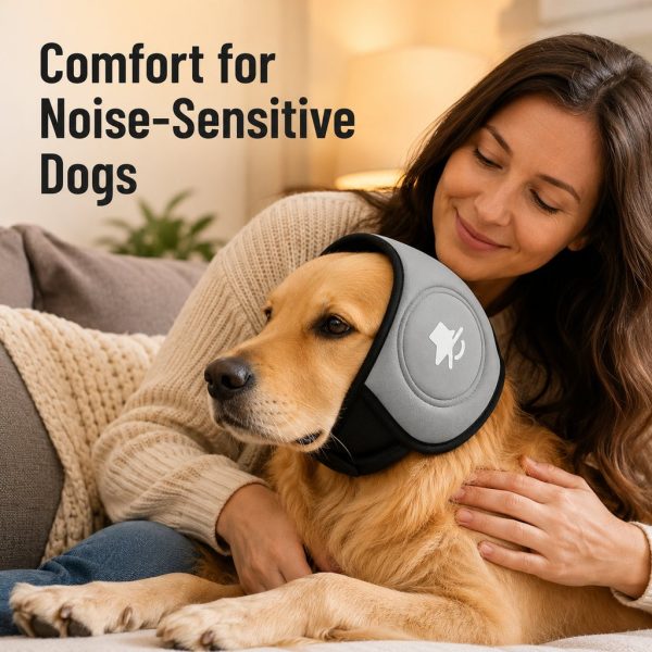 Soft dog ear muffs in gray worn by a dog cuddling beside its owner.