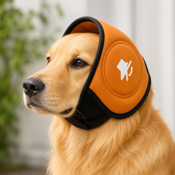 Soft dog ear muffs in orange worn by a golden dog.