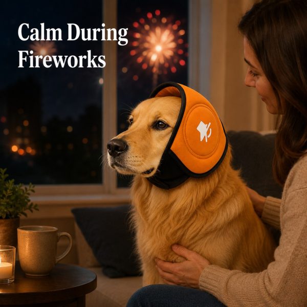 Soft dog ear muffs in orange worn indoors with fireworks outside the window.