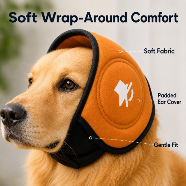 Soft dog ear muffs in orange showing padded ear panels and wraparound fit.