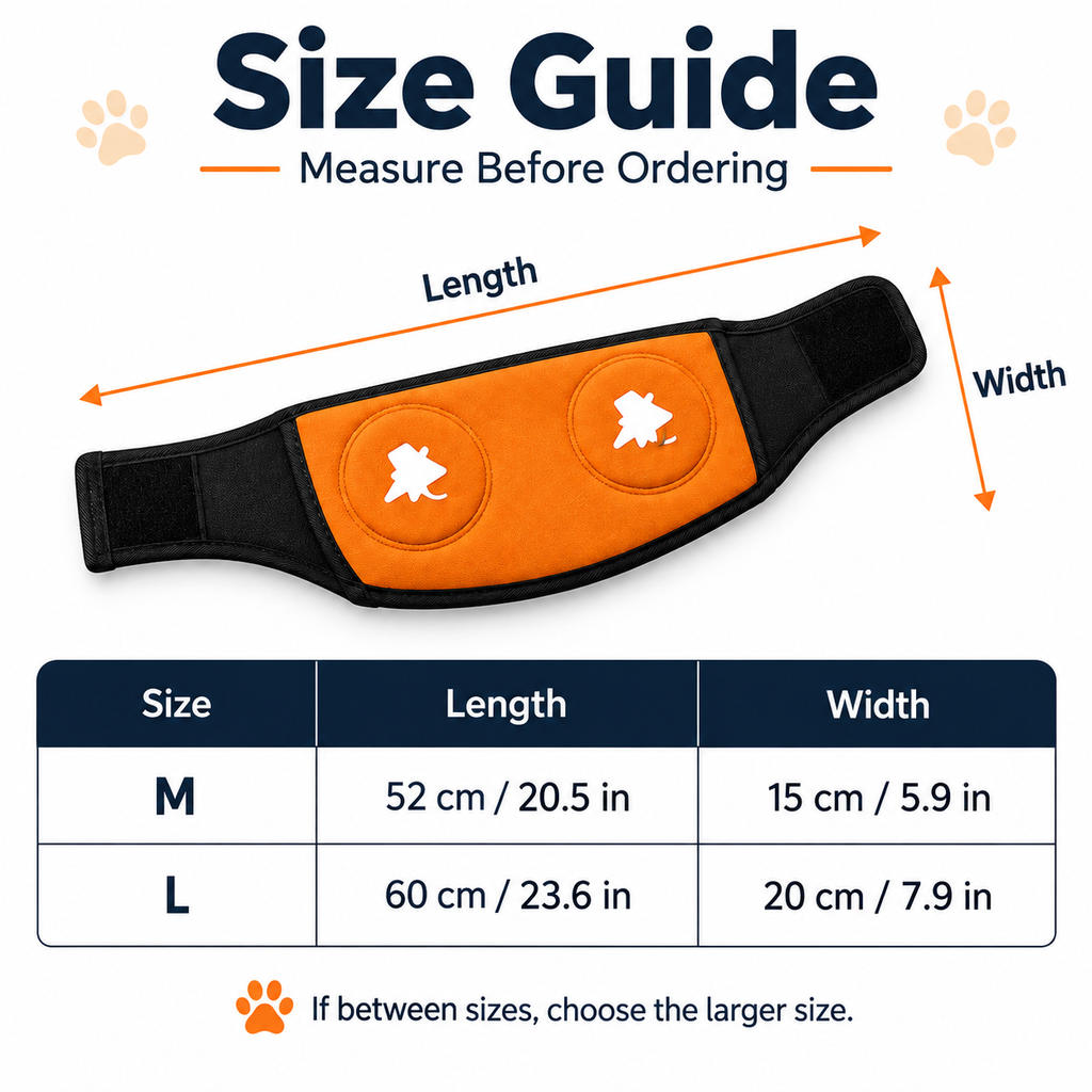 Soft dog ear muffs size guide with ear wrap length and width measurements.