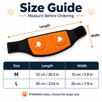 Soft dog ear muffs size guide with ear wrap length and width measurements.