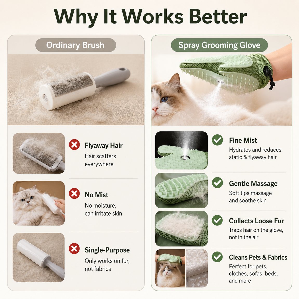 Spray pet grooming glove comparison graphic showing a conventional brush and misting glove.