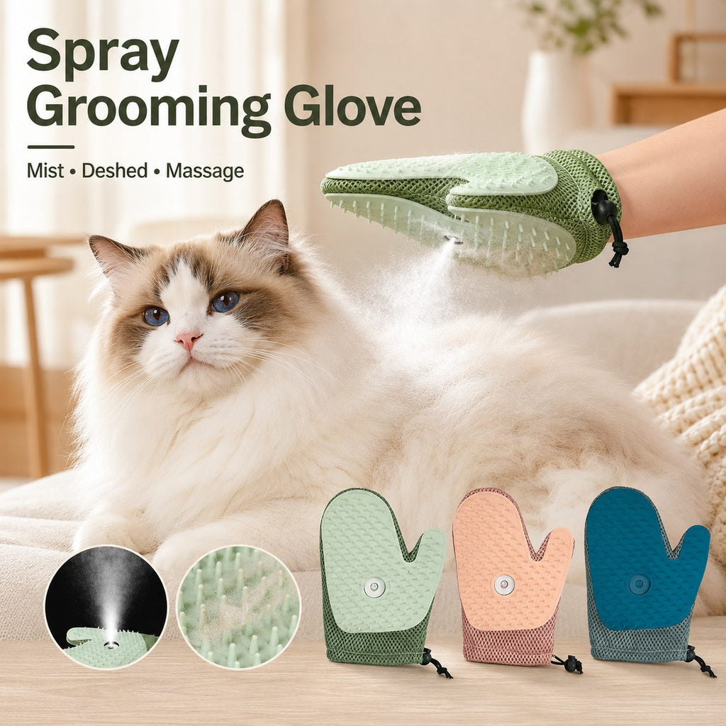 Spray pet grooming glove feature overview with green, pink and teal color options.